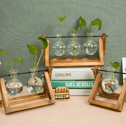 Wooden Hydroponic Vases Plant Vases Vintage Flower Vase Pot Transparent Vase Wooden Frame Glass Vase Tabletop Plants Home Decor