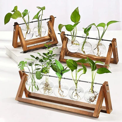 Wooden Hydroponic Vases Plant Vases Vintage Flower Vase Pot Transparent Vase Wooden Frame Glass Vase Tabletop Plants Home Decor