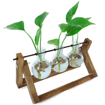 Wooden Hydroponic Vases Plant Vases Vintage Flower Vase Pot Transparent Vase Wooden Frame Glass Vase Tabletop Plants Home Decor
